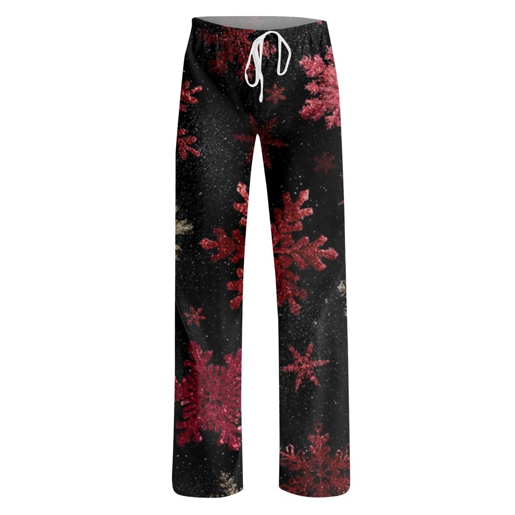 Ladies' Loose And Casual Christmas Printed Wide Leg Pants With Elastic Waistband Drawstring And Pocket Pants