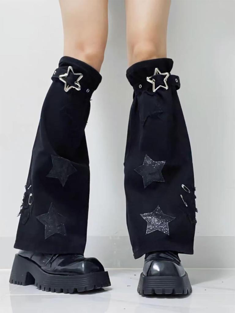 Cute Denim Leg Warmers for Loose Socks with Star Y2K JK Subculture Harajuku Schoolgirl Cold Leg Uniform School Zipper 48cm [LAVASEON] Women, Pattern,