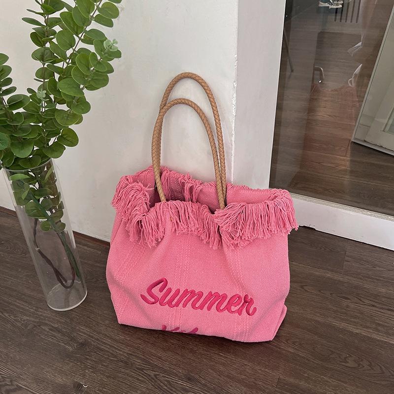 Premium Quasten Canvas Große Kapazität Tragetasche Mädchen Rosa Canvas Tasche Damen Sommer Tragetasche Eine Schulter College Strapazierfähiges Material Studenten Pendeltasche