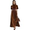 Women's Elegant Slimming Gold Velvet Dress - Short Sleeves, Waist-Cinched, Autumn/Winter Style