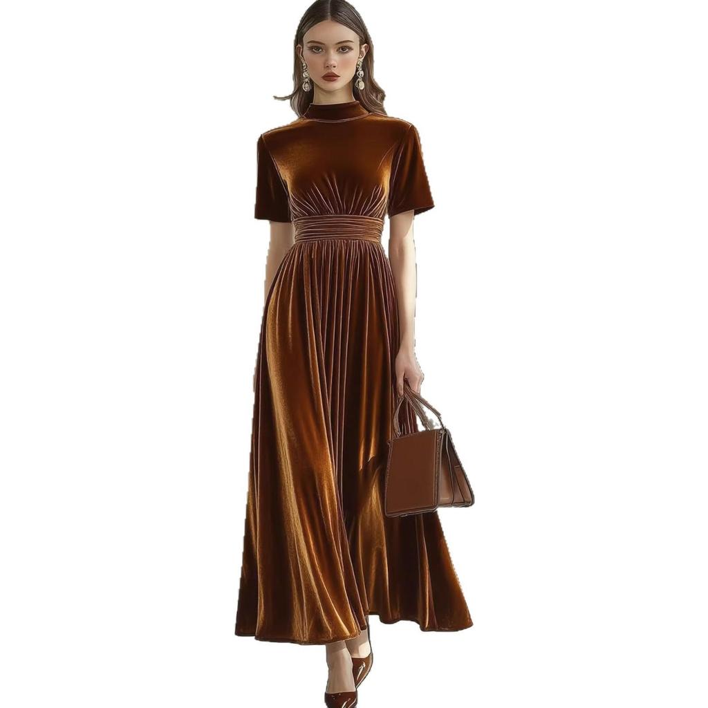 Women's Elegant Slimming Gold Velvet Dress - Short Sleeves, Waist-Cinched, Autumn/Winter Style