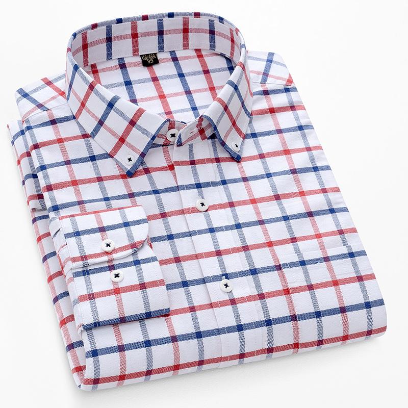

Рубашки в полоску в клетку из чистого хлопка с длинными рукавами для деловых мужчин, осень-весна, стандартный крой, воротник на пуговицах, легкий уход, не гладить 42