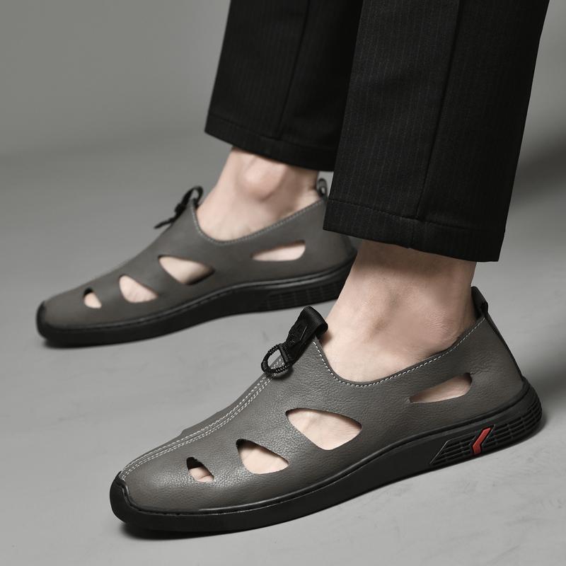 Классические сандалии мужские из натуральной кожи с выемками повседневная обувь удобная однотонная мужская обувь для отдыха на открытом воздухе удобные мужские мокасины римская обувь