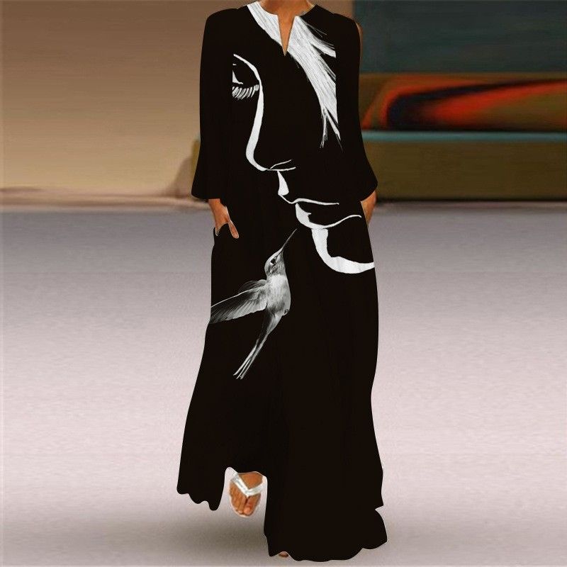 New Chinese Style Chinese Style Skirt Elegant Sexy Long Sleeves 3D Print Long Skirt Loose Plus Size Women's Clothing Long Dress