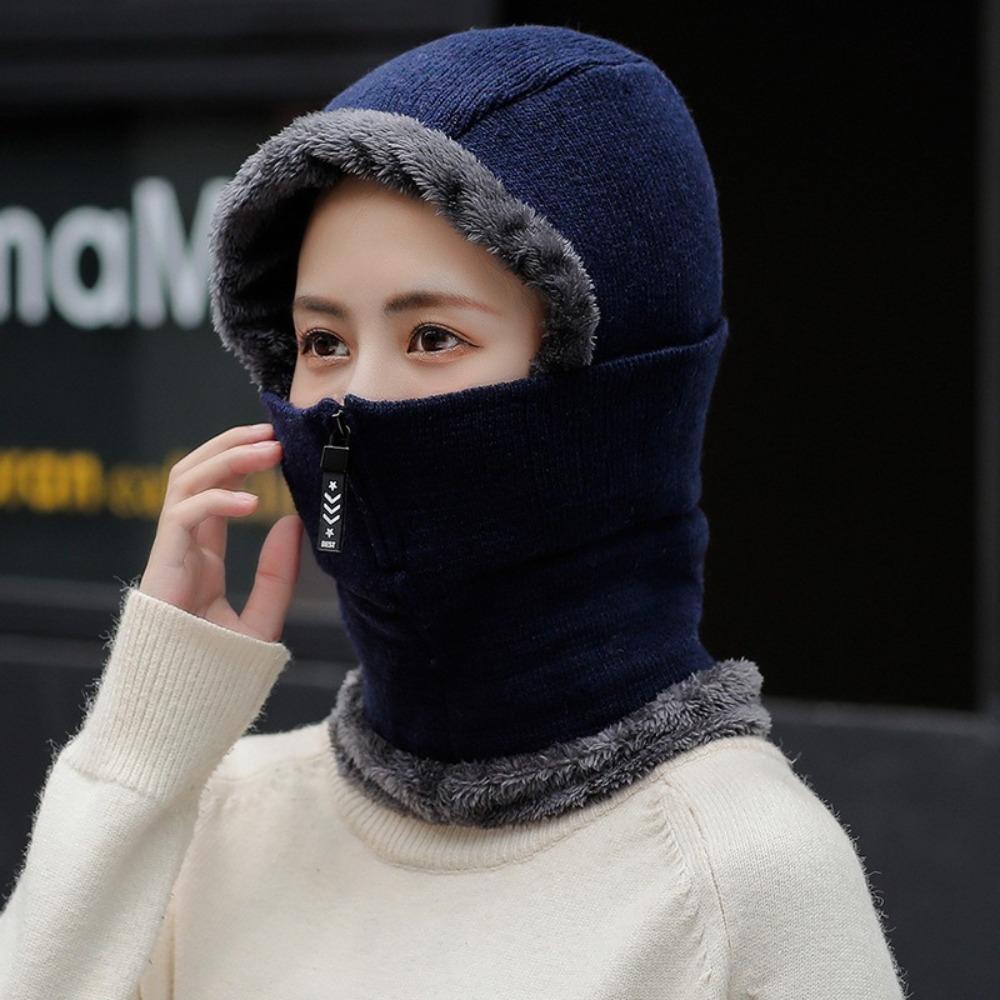 Zipper Hooded Thermal Cap Thickened Knitted Balaclava Cap Simple Knitted Scarf Hat  Outdoor
