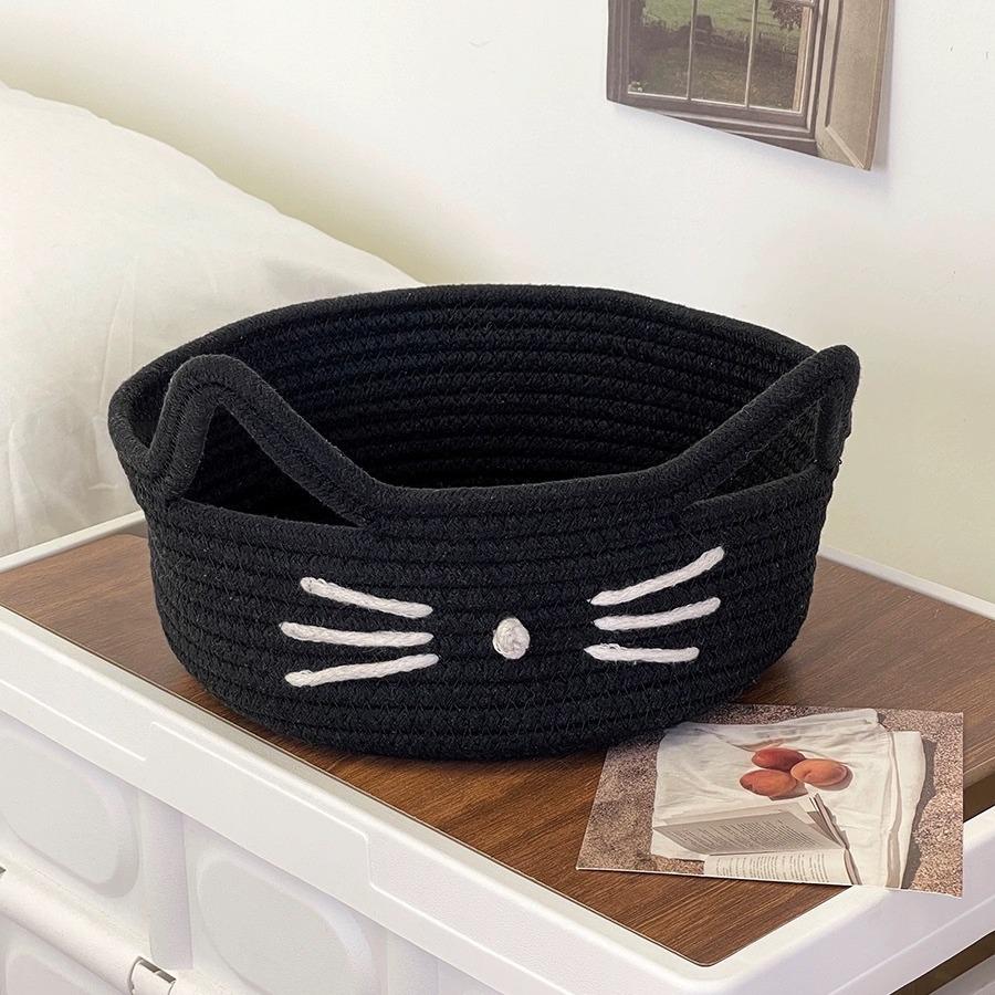 Cartoon Cat Ear Cotton Rope Storage Basket – Desktop Organizer for Cosmetics, Snacks, and Sundries