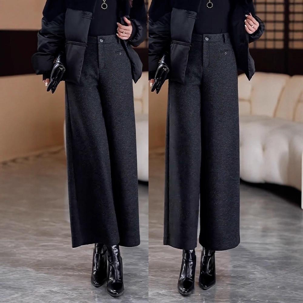Women's Woolen Wide-Leg High-Waist Pants with Velvet, Autumn/Winter 2025 - Thick, Loose, Straight Leg Design for Small Heights