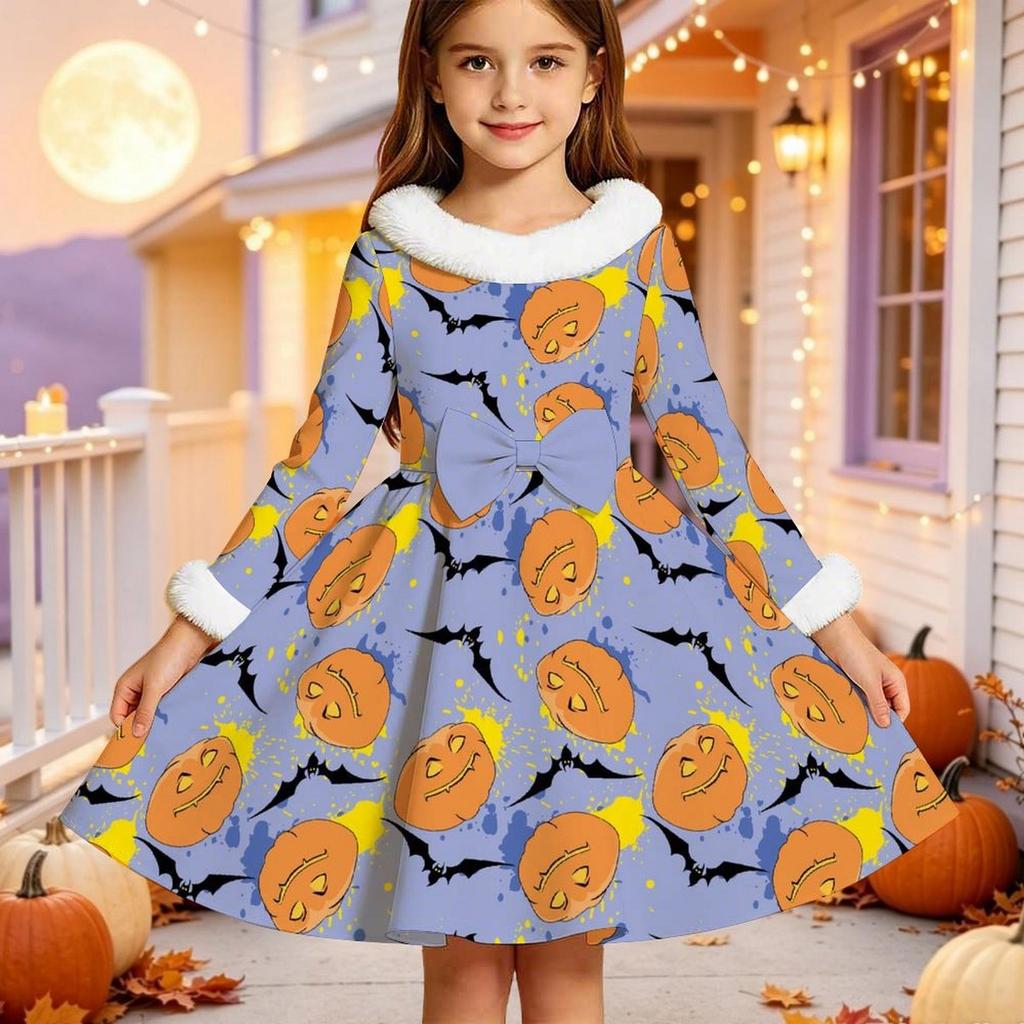 Kinder Langarm Weihnachtskleid, Halloween-Print Kunstpelzkragen Schleifen-Dekor Prinzessinnenkleider für Mädchen Feiertagsparty-Kleidung