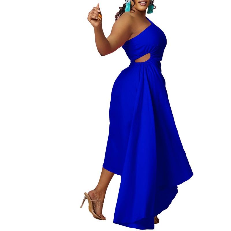 Solid Color One Shoulder Cutout Irregular High Waist Plus Size Sexy Long Dress For Women