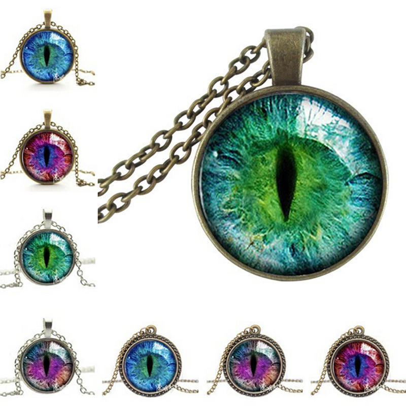 Vintage Jewelry Cat Eye Pendant Necklace Charm Rhinestone Chain Ethnic Necklace