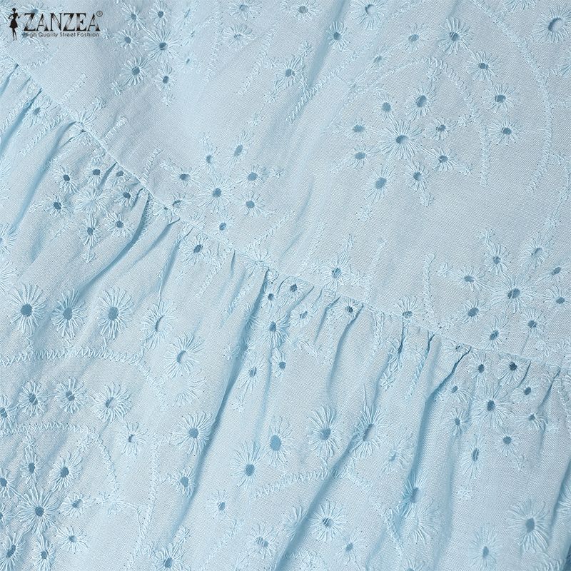 ZANZEA Women Casual Round Neck Lace Crochet Patchwork Summer Half Sleeve Dress