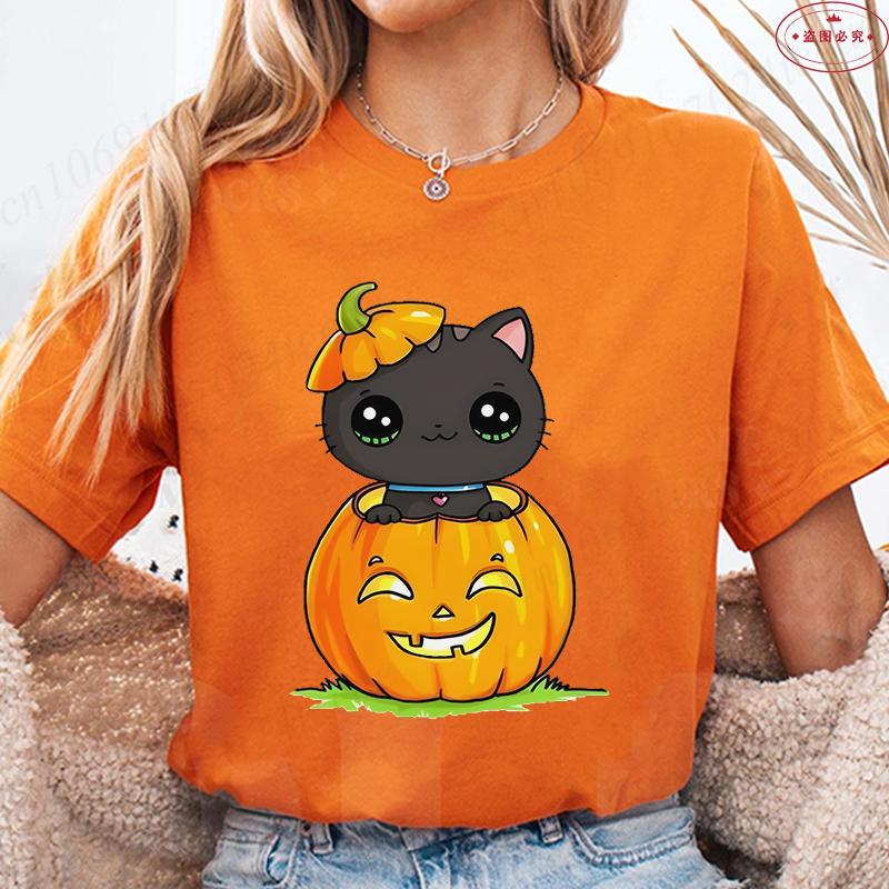 Halloween Cats Graphic Y2k Tops Women T-Shirt Casual Ulzzang Harajuku Streetwear Aesthetic Female Clothing Short Sleeve Tees