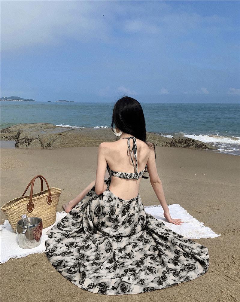 Elegantes französisches Blumenmuster Maxikleid - Sommer, rückenfrei, mit Schlitz und Spaghettiträgern, Trendig und sexy für Damen