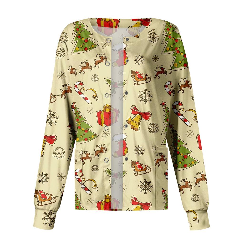 Women's Casual Fashion Long Sleeve Standing Lapel Single Breasted Christmas Printed Protective Jacket Top