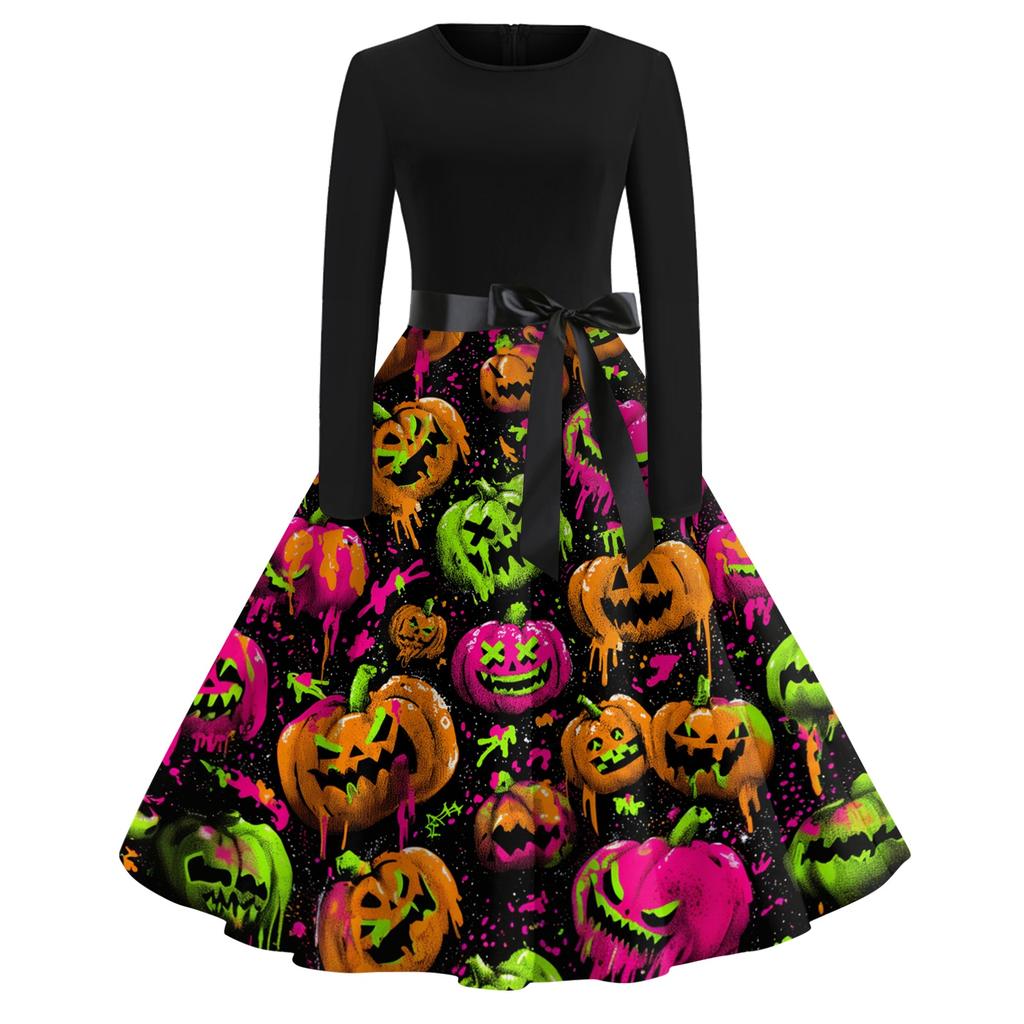 Women's Vintage Long Sleeve Round Neck Halloween Party Dress with Printed Skirt and Waist Tie Elegant Retro Style