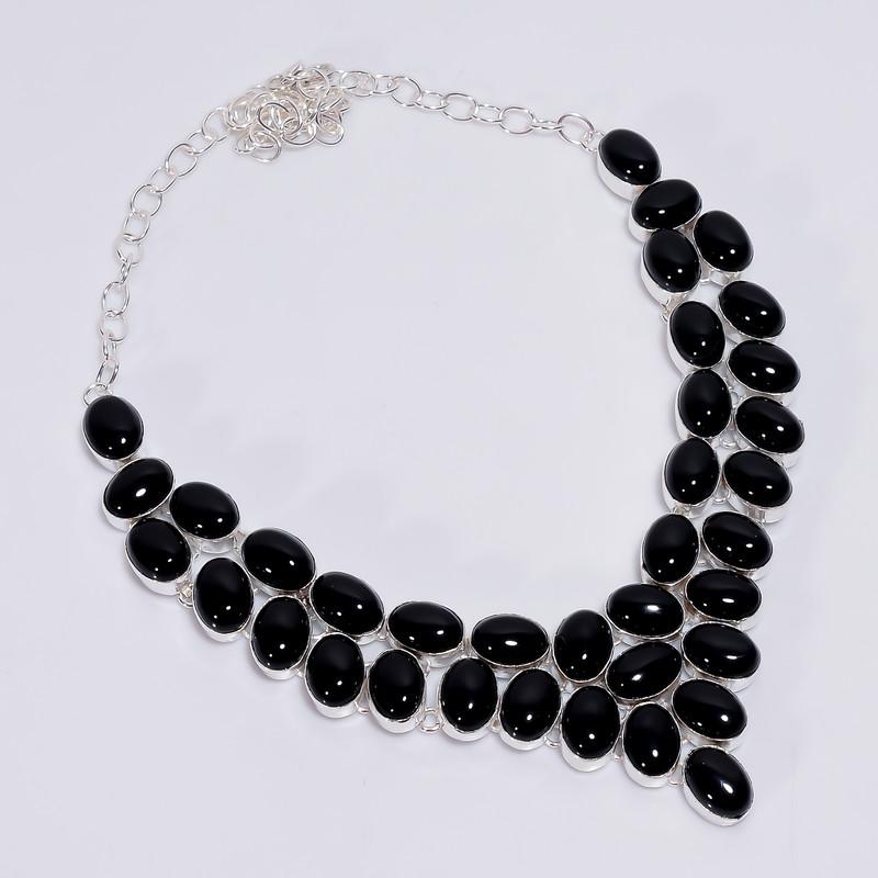

Beautiful Top Grade Qualite 100% Natural Black Onyx Oval Shape Ethnic Handmade Jewelry 925 Steling Silver Necklace 18 WSJ-4752 срібний