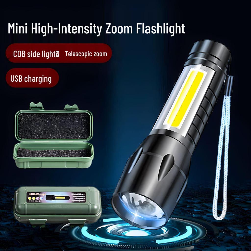 Rechargeable High-Power Outdoor LED Flashlight - Super Bright, Long-Range, Lightweight, Portable, with Zoom and Dimming Features.