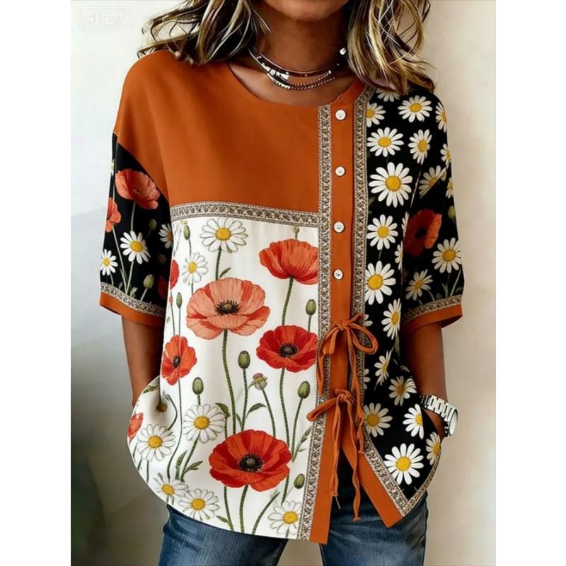 Women's printed lace-up short-sleeved blouse, fashionable and versatile, comfortable and skin-friendly, machine washable.