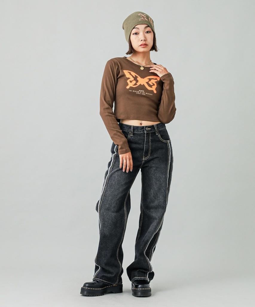 Casual SPRAY BUTTERFLY PRINT BABY TEE BROWN X-girl L/S