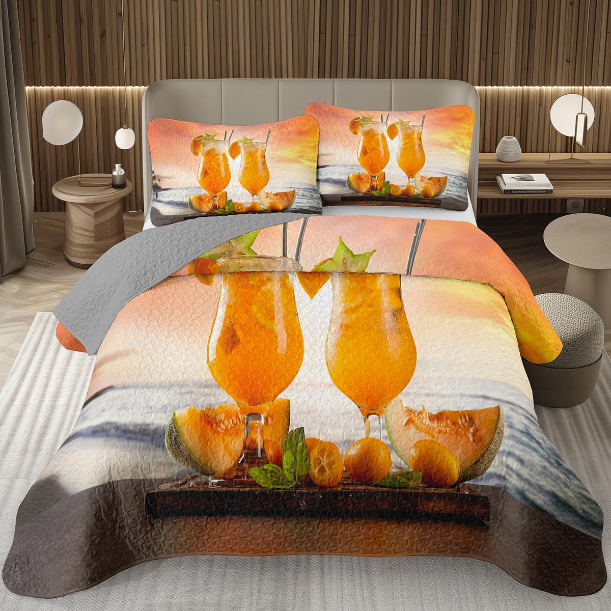 

Fruit Juice Bedspread Summer Tropical Fruit Coconut Coverlet Queen Twin for Boys Girls RoomHawaiian Holiday Quilted Bedding Set EU Single(135*200cm)3pcs