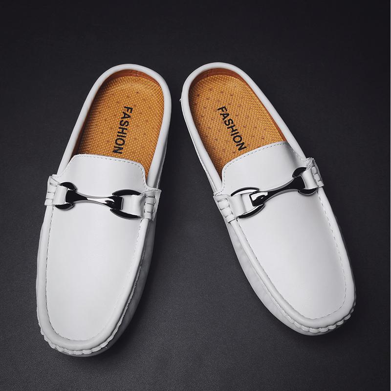 Fashion Breathable Mens Half Slippers Genuine Leathe Muller Shoes Loafers Handmade Male Comfy Flats Lazy Shoes Outdoor Soft Casual Shoes