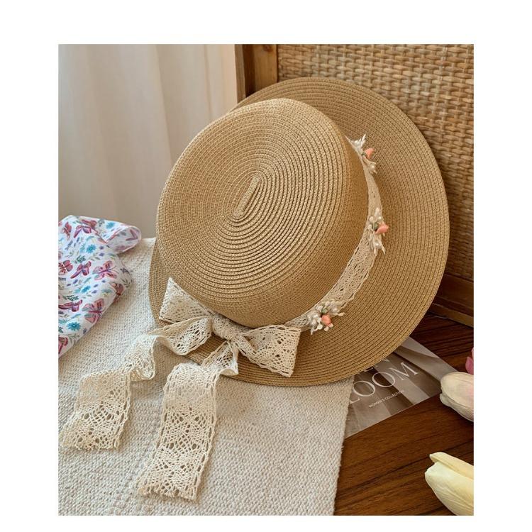 Butterfly Knot Flat Top Straw Hat for Women's Summer New Flower Lace Hat for Beach Shading and Sun Protection Straw Woven Hat