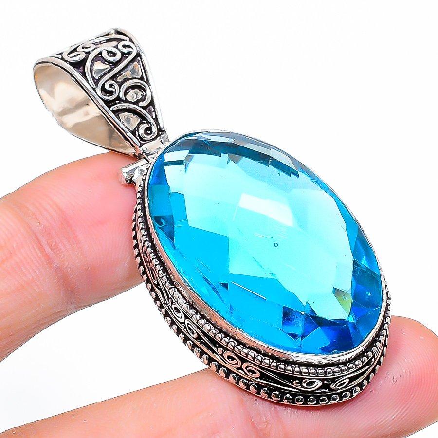 

Vintage Swiss Blue Topaz Gemstone Handmade Ethnic Jewelry Pendant 2.25 VR-3418