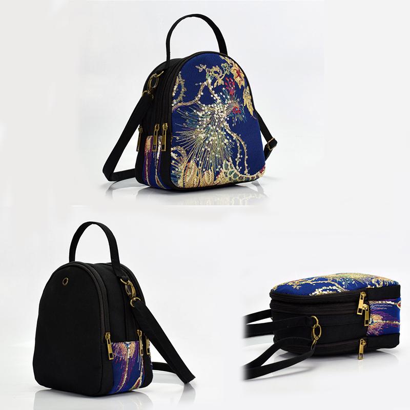 Shiny Sequins Peacock Embroidered Women Canvas Tote Bag  Vintage Zipper Shoulder Bag