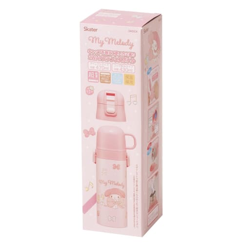 Skater Children's Water Bottle, 2-Way, 470ml (Direct Drinking) or 430ml (Cup Drinking), Sanrio My Melody Big Ribbon, Girls' Stainless Steel, Insulated