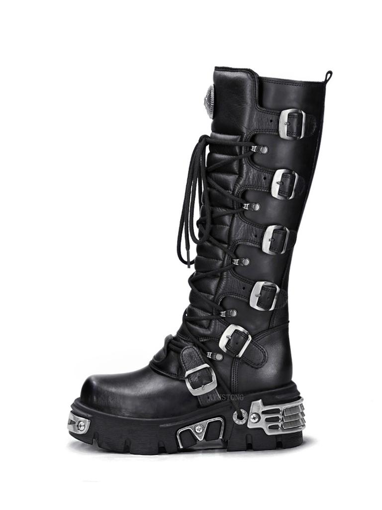 Fashion Rock Punk Motorcycle Boots Knee High Dark Style Round Toe Thick Bottom Genuine Leather Solid Color Fashion Sexy Women Shoes New