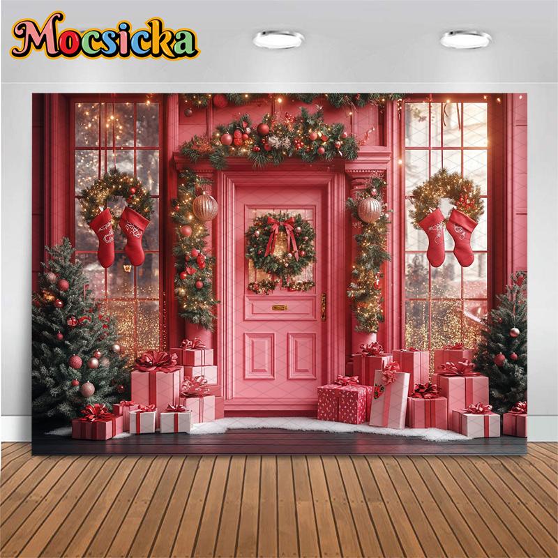 Mocsicka Pink Christmas Home Background Photography Gifts Snow Door Kid Xmas Tree Backdrop Party Shooting Room Decoration Studio