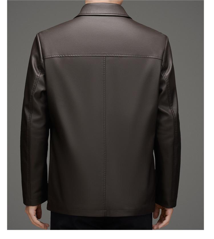 Men's Mid-Length Fleece-Lined Leather Jacket with Turn-Down Collar, Plus Size, Casual Coat