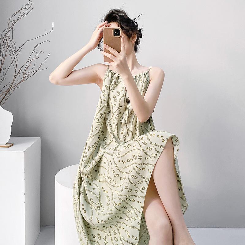 Suspender nightgown women's summer sexy long can wear cotton silk pajamas spring and autumn thin high-end loungewear