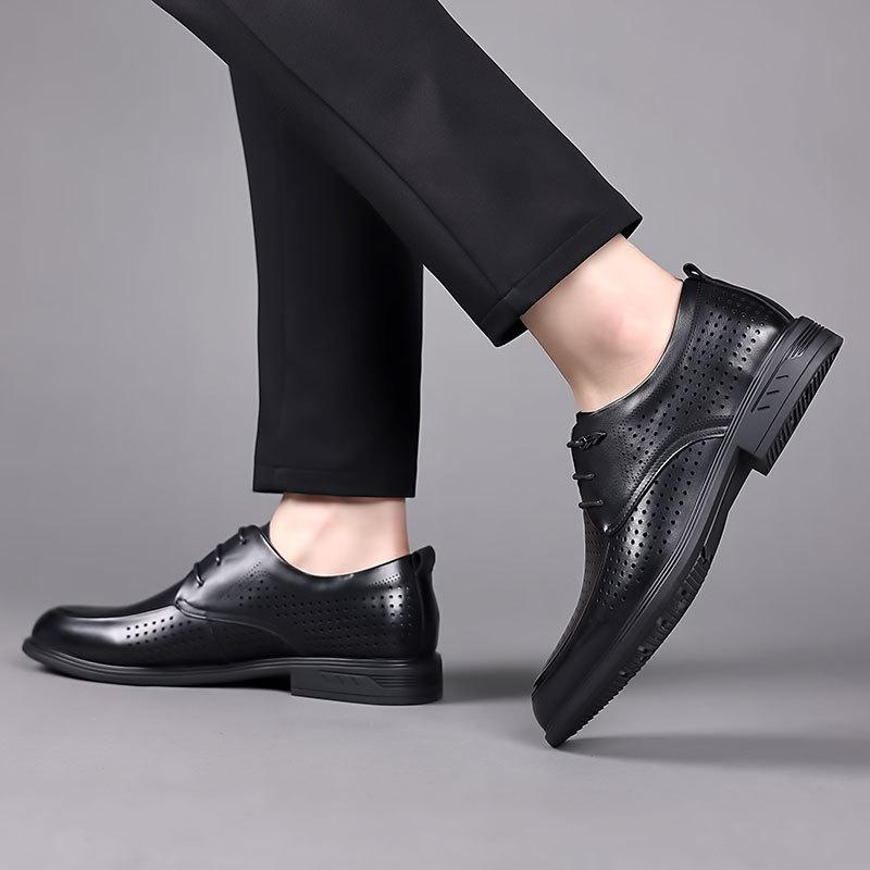 Men's Genuine Leather Breathable Formal Shoes – Top Layer Cowhide, Pointed Toe, Hollow Design, High-End Casual Style