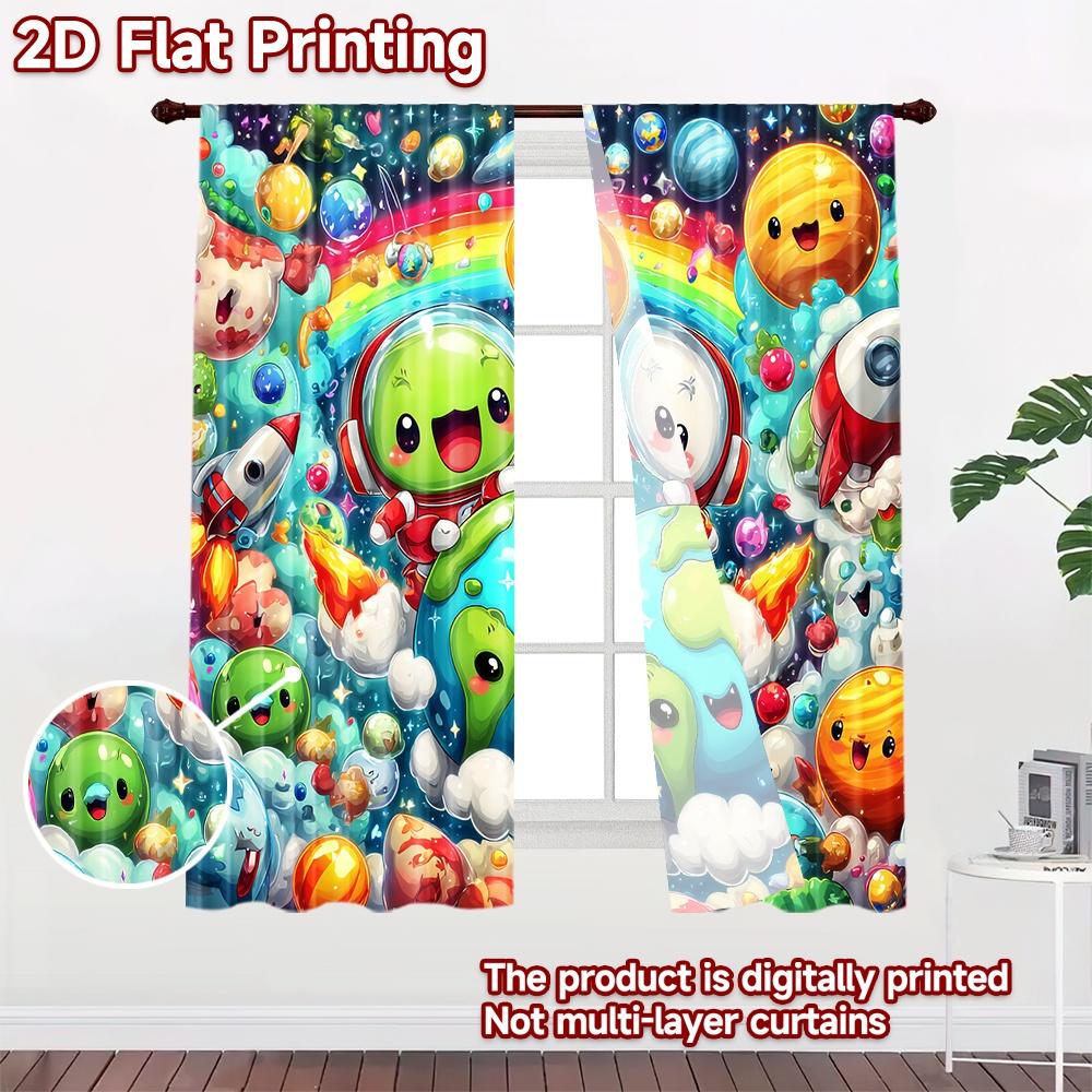 2D flat printing 2pcs Window Curtains Cute Space Adventure Planet Astronauts Digital Printed Polyester Drapes Festive Wall Decor