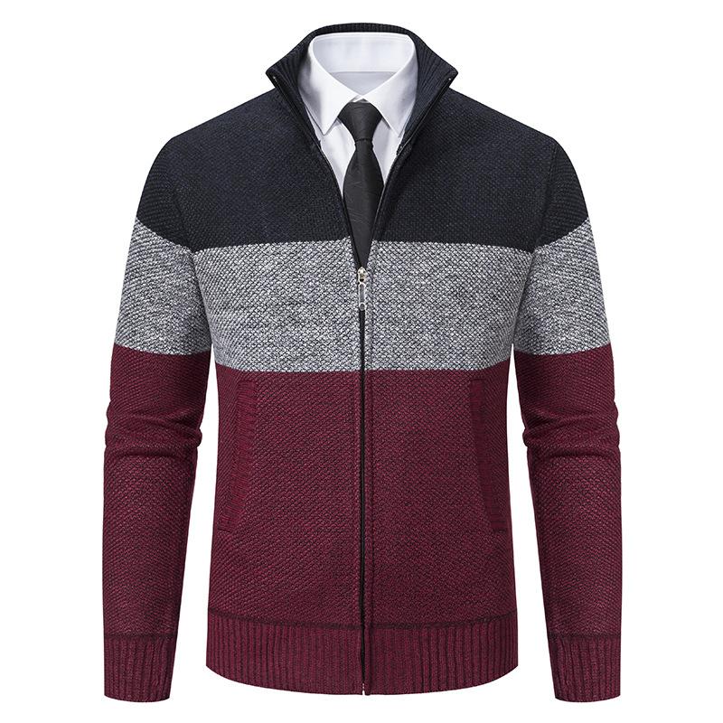 Autumn and Winter New Young and Middle-aged Jackets, Fleece Stand-up Collar Color Matching Business Casual Cardigan Sweater