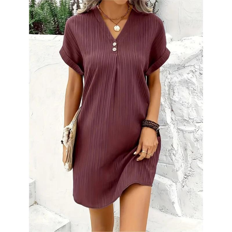 Women's V-neck Solid Color Pullover Casual Button Dress
