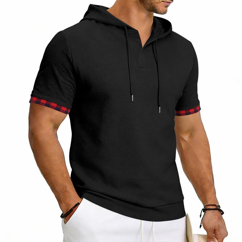 Men's Hooded T-Shirt Short Sleeve Contrast Plaid Cuff Drawstring Breathable Casual Pullover Tops Summer Hooded Tees Men