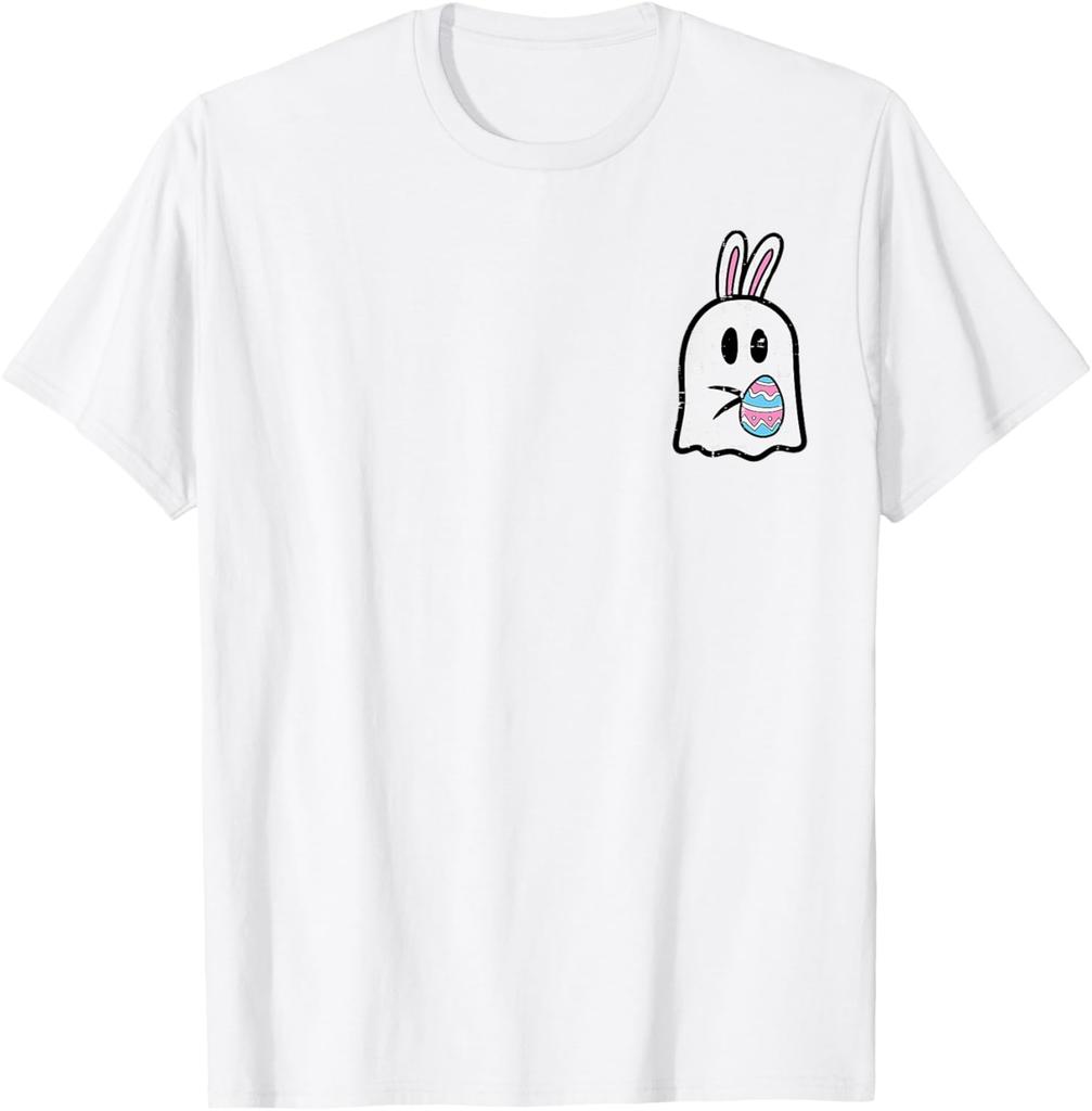 Easter Ghost Bunny Pocket Funny Egg Graphic Tee Soft Cotton Casual T-Shirt for Men Women