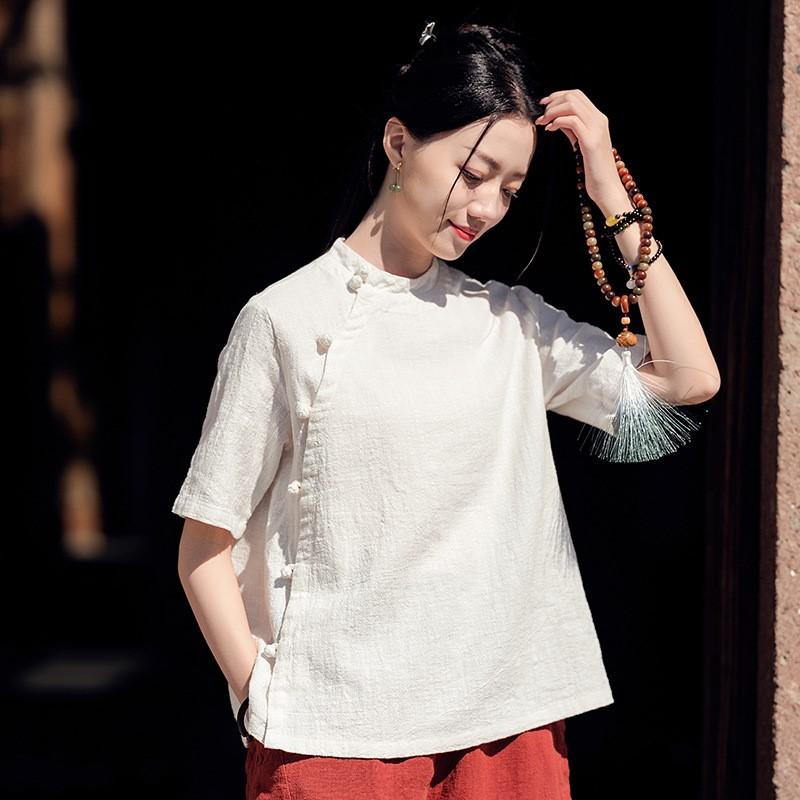 Johnature Koszule damskie w stylu vintage Bluzki Stójka Krótki rękaw Letnie bluzki Jednolity kolor Koszule zapinane na guziki