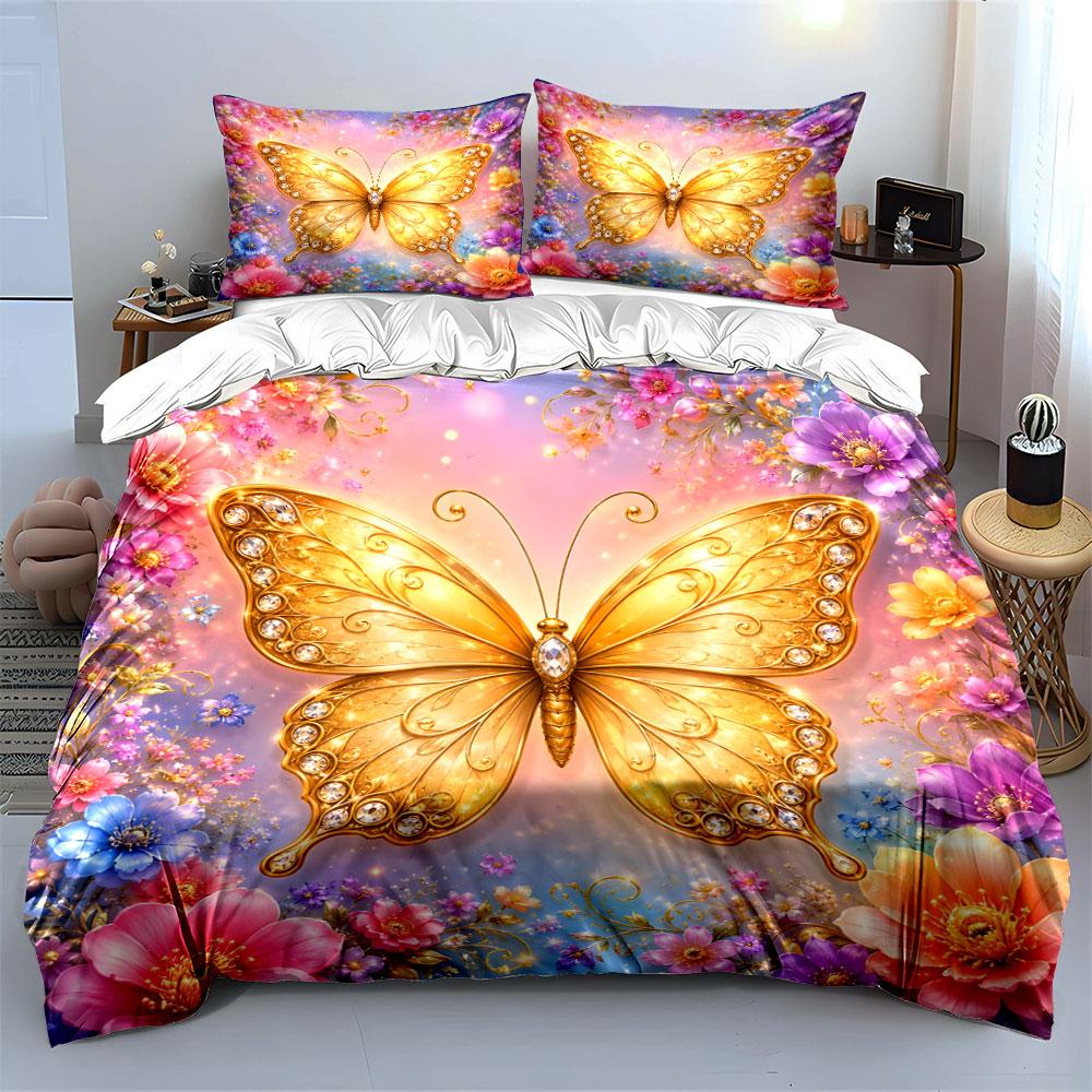 Golden Butterfly with Floral Background Bedding Set 1 Duvet Cover 2 Pillowcases for Adult and Children Luxury Gift Full Size