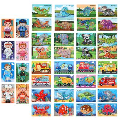 Drevené zvieracie dopravné poznávanie kreslené trojrozmerné puzzle hračky rané vzdelávanie vzdelávacie detské veľké stavebné bloky zodpovedajúce hračky