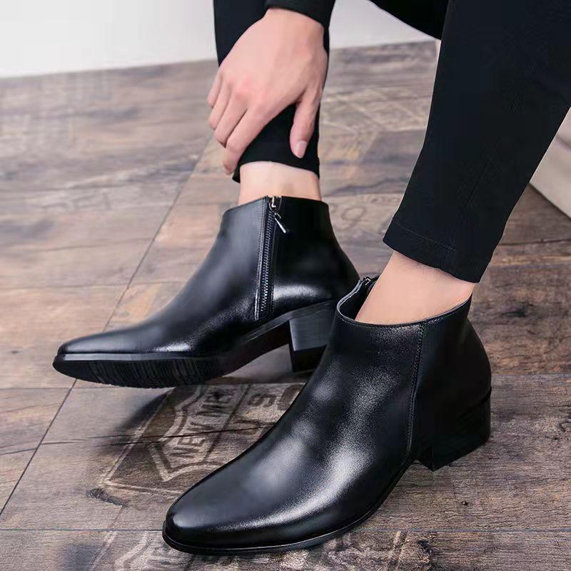 Brand Men's Boots Fashion Pointed Business Dress Boot British High Top Leather Boot Classic Black Men's Ankle Boots Botas Hombre