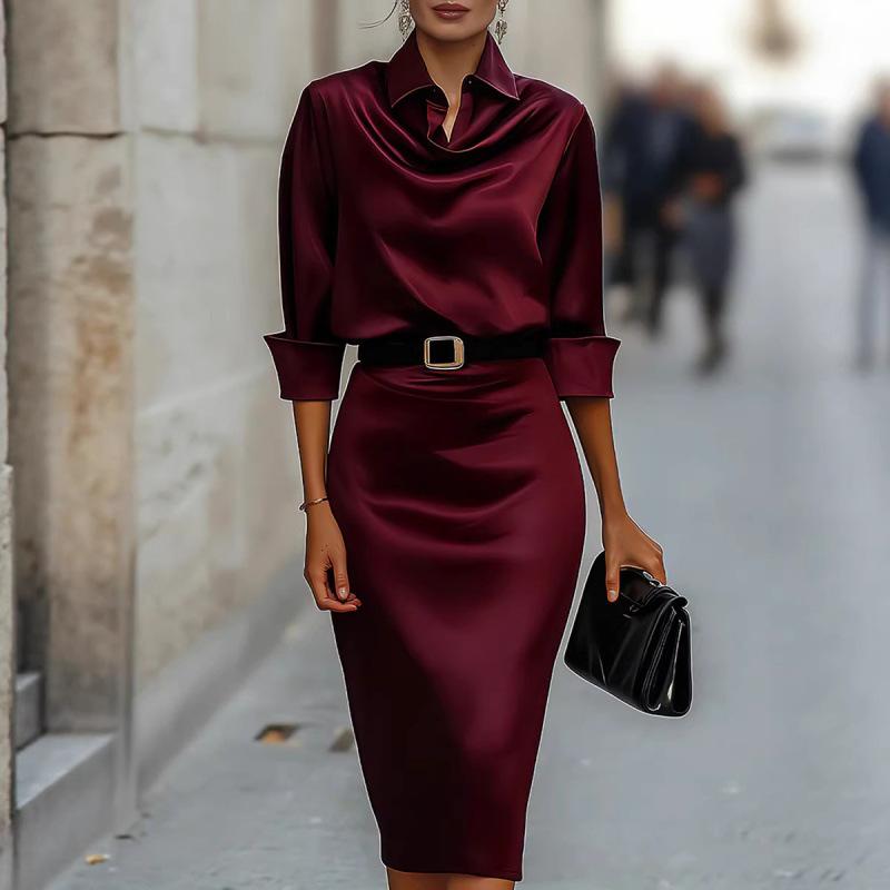 New in summer, waist and thin satin high-end long-sleeved dress for women