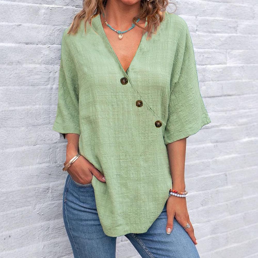 2025 Summer Women's Solid Color Cotton Linen Button-Up Top - European American Style