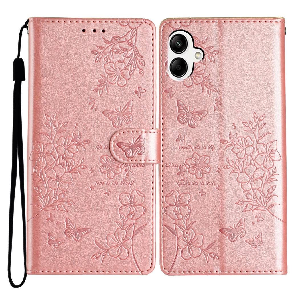 For Samsung Galaxy A07 Lommebok Telefondeksel Sommerfugl Blomster Preg Lær Flipdeksel med Stropp