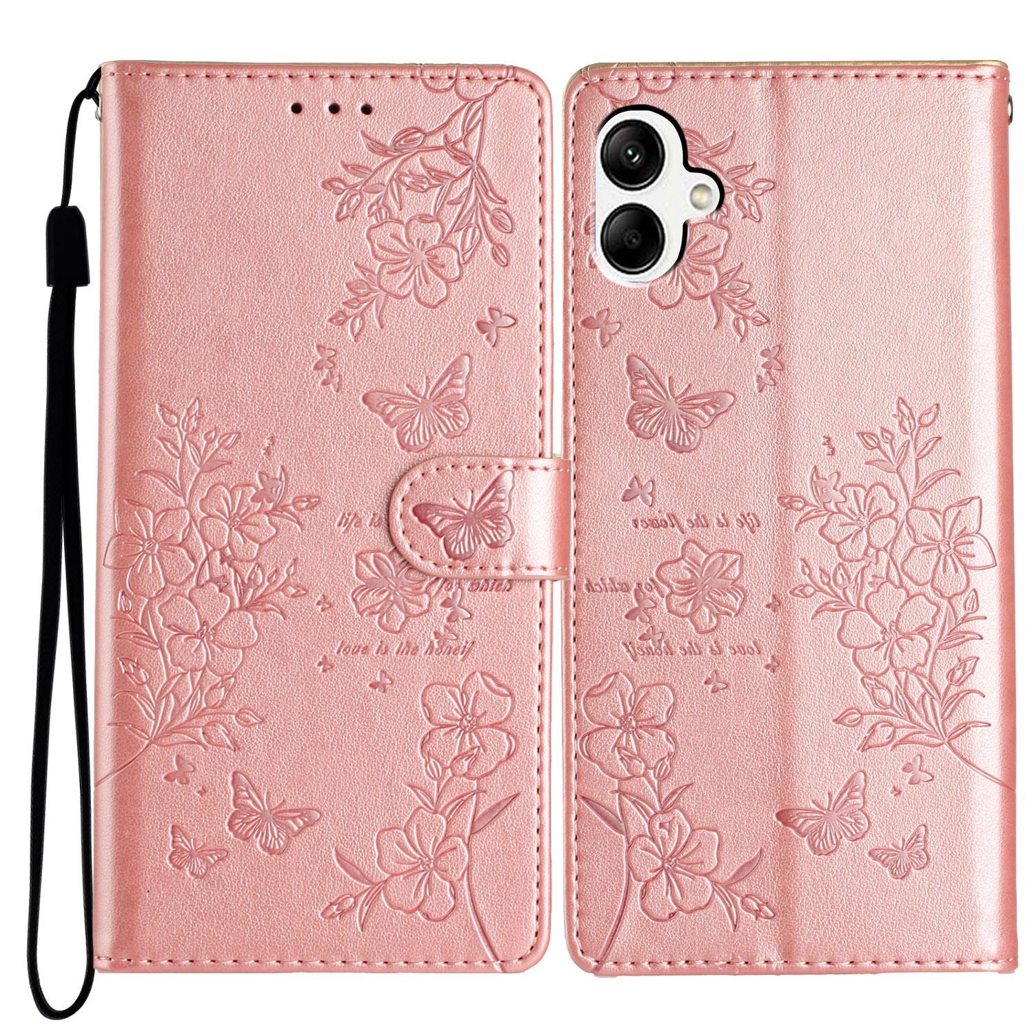 

For Samsung Galaxy A05 4G Wallet Phone Case Butterfly Floral Imprint Leather Flip Cover Rose Gold