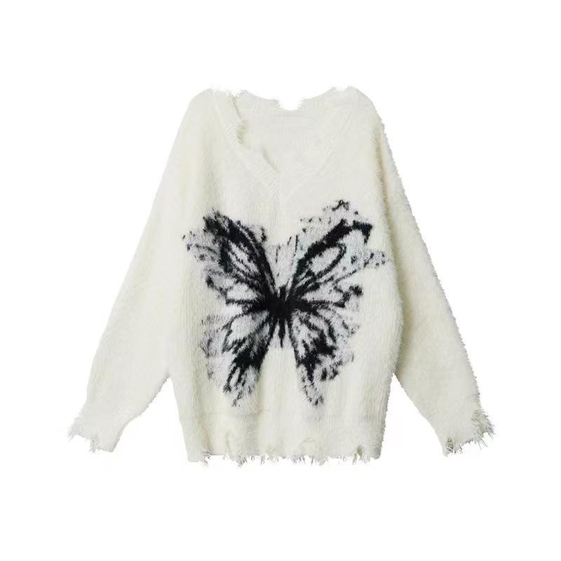 

Гранж Бабочка Принт Вязаный свитер Женский Готический Гот Харадзюку Панк С Открытыми Плечами Пуловеры Осень One Size
