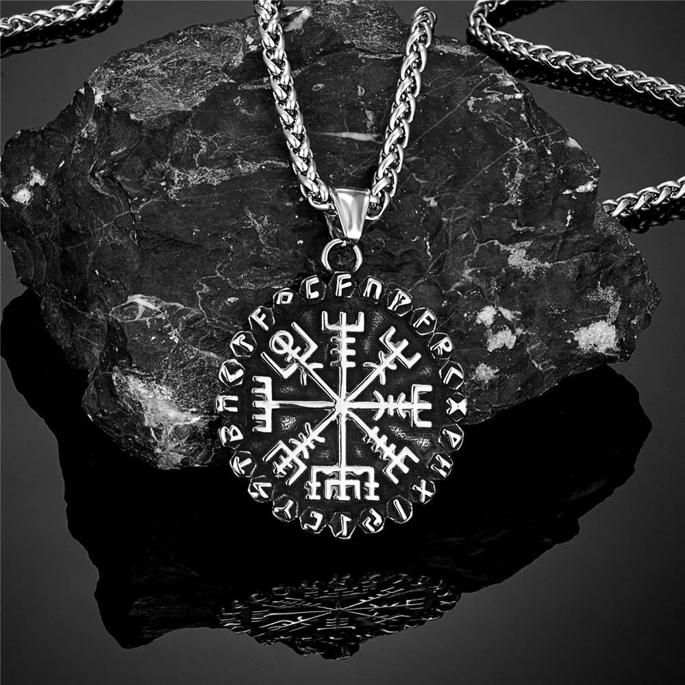 Classic Norse 24 Runes Viking Compass Necklaces Mens Amulet Vegvisir Pendant Stainless Steel Chain Icelandic Male Jewelry Gifts