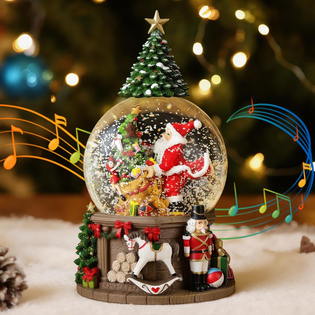 Lewondr Christmas Snow Christmas Tree Snow Globe with Automatic 8 Christmas Automatic Christmas Home Christmas Santa Globe with Fireplace Base Globe,